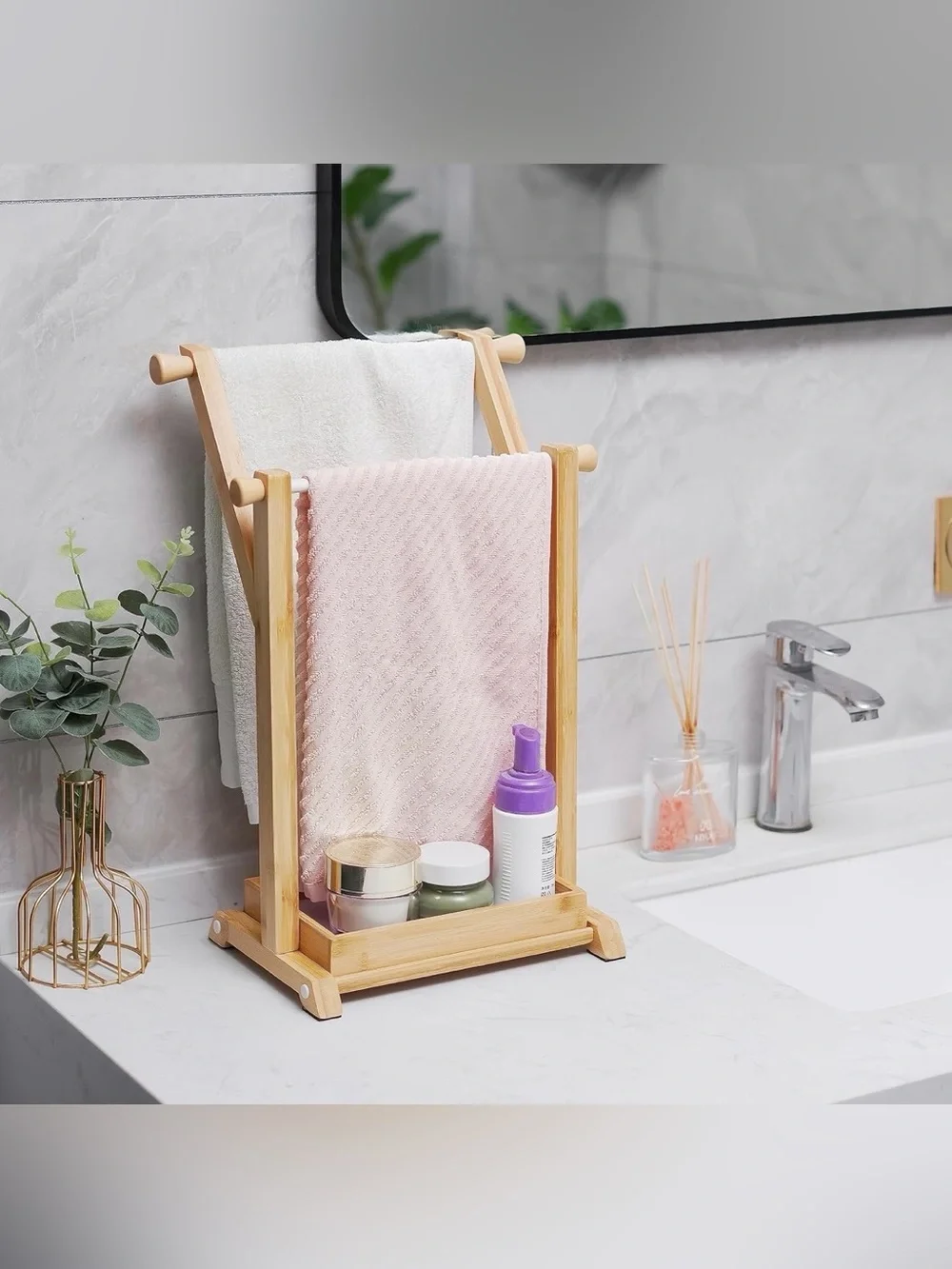Hand Towel Holder Stand for Countertops, Multifunctional Durable Natural Bamboo